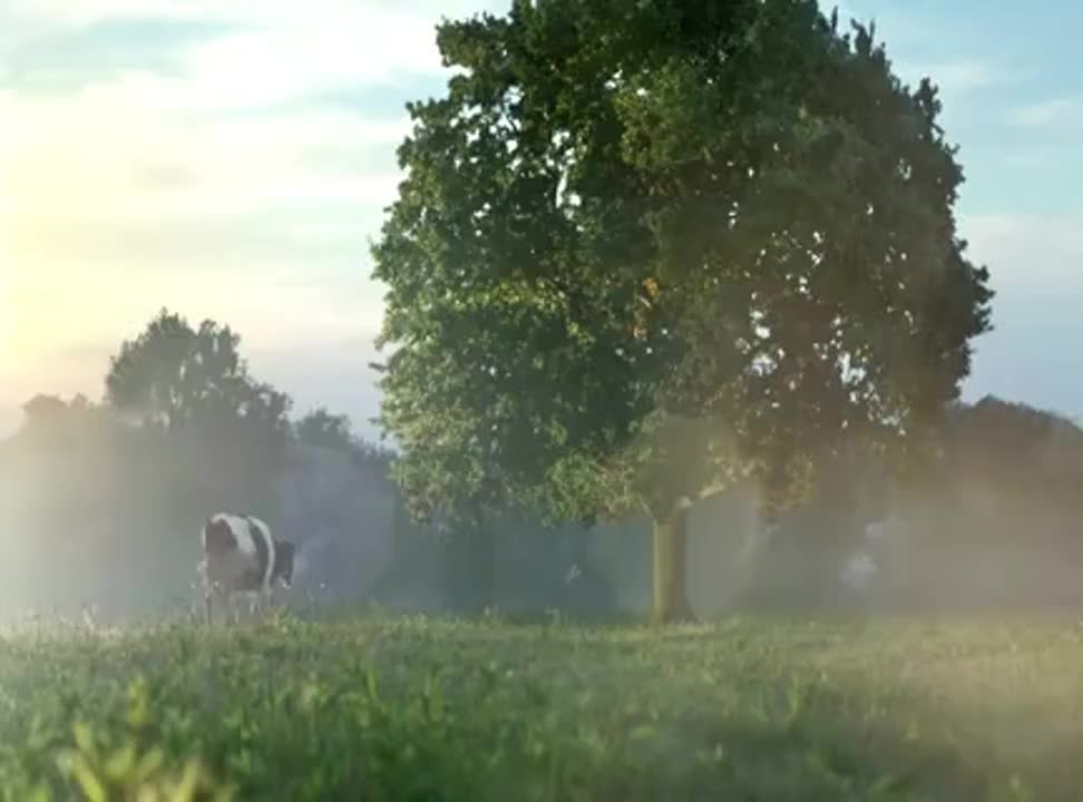 Krowa pod i na drzewie reklamuje mleko Łaciate